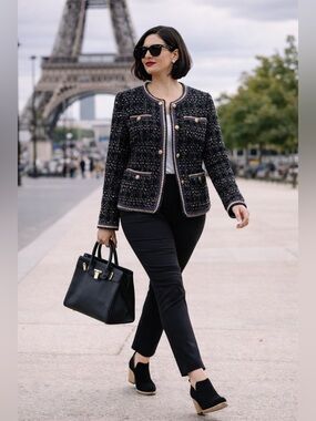 NWOT Beautiful Chanel-style boucle tweed jacket with gold buttons.